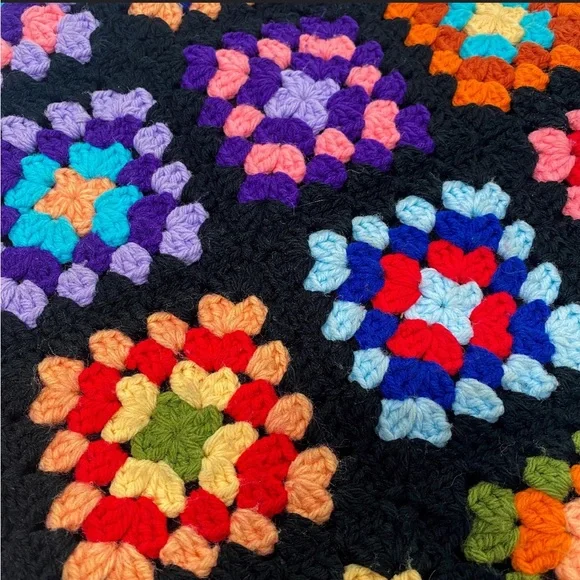 Vintage Crochet Rainbow Granny Square Small Tote Bag with Lining and Pocket - Picture 3 of 7